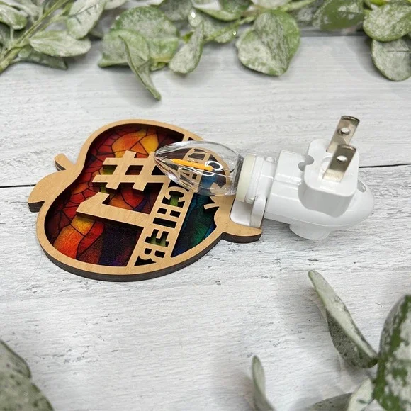 Number 1 Teacher Apple Night Light Stained Glass Effect Wood Decor Handcrafted - Picture 6 of 10